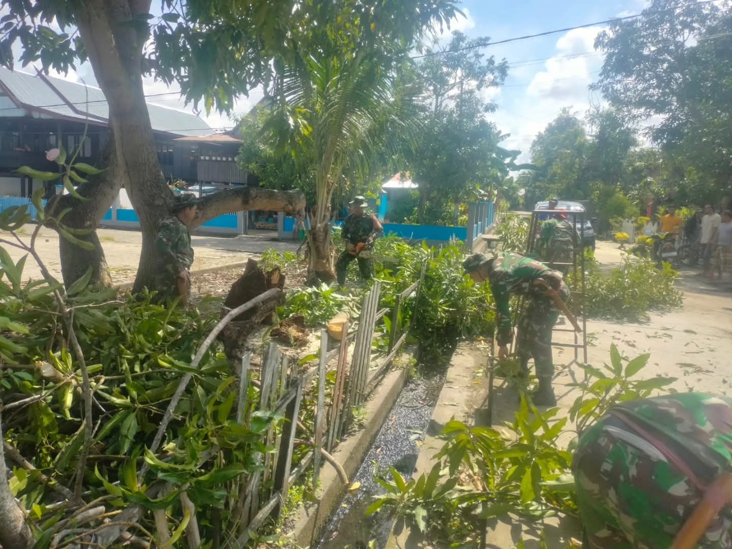 TNI dan Warga Teppo Bersinergi Bersihkan Ranting Pohon yang Membahayakan