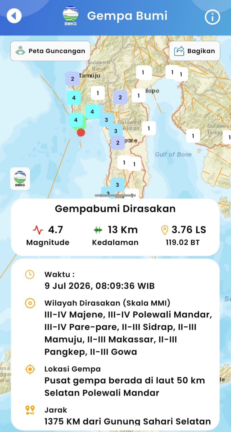 BPBD Sulbar Terima Informasi BMKG, Gempa Magnitudo 4,7 Guncang Selatan Polewali Mandar, Masyarakat Diimbau Tetap Tenang dan Waspada