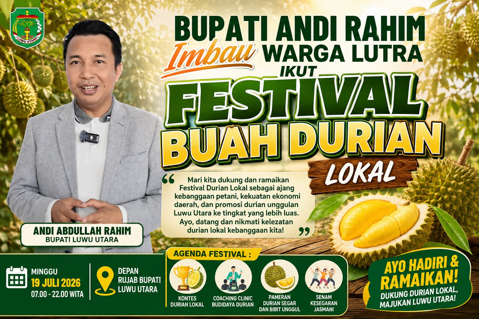 Memburu “Pollo Suso” Baru, Bupati Luwu Utara Ajak Warga Ikuti Festival Durian Lokal 2026