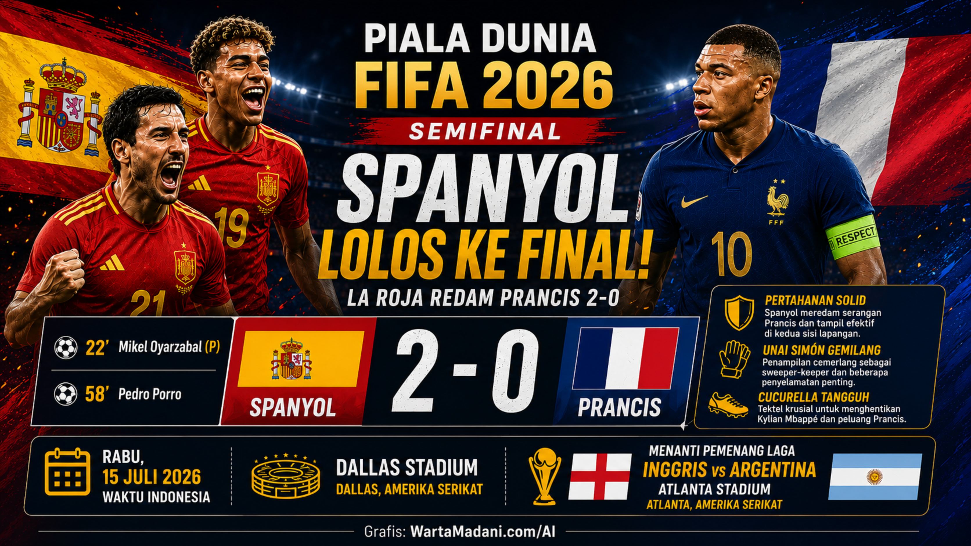 La Roja Selangkah dari Gelar, Prancis Takluk 0-2 di Semifinal