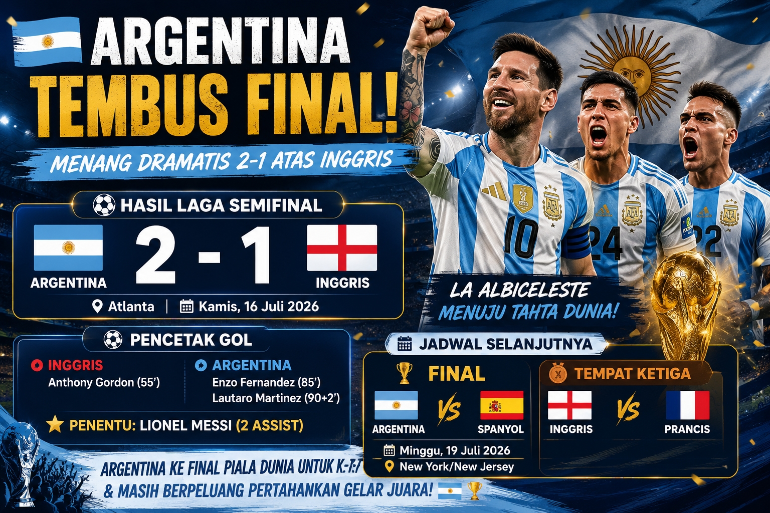 Comeback Menit Akhir! Argentina Hentikan Inggris, Tantang Spanyol di Final Piala Dunia 2026