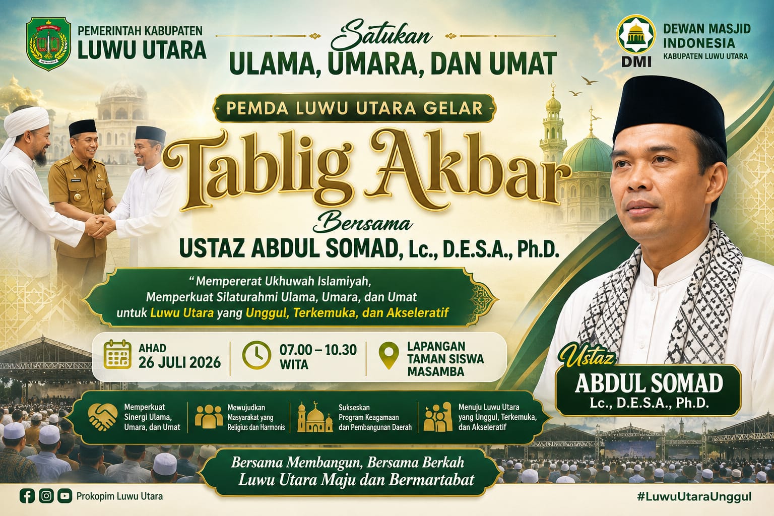 Satukan Ulama, Umara, dan Umat: Pemda Luwu Utara Gelar Tablig Akbar Bersama Ustaz Abdul Somad