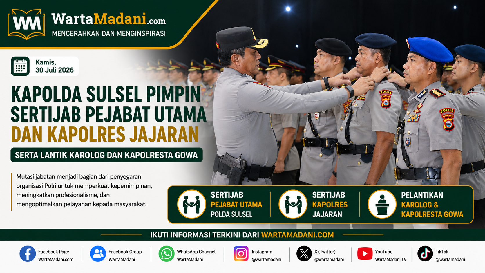 Kapolda Sulsel Pimpin Sertijab Pejabat Utama dan Kapolres Jajaran Serta Lantik Karolog dan Kapolresta Gowa