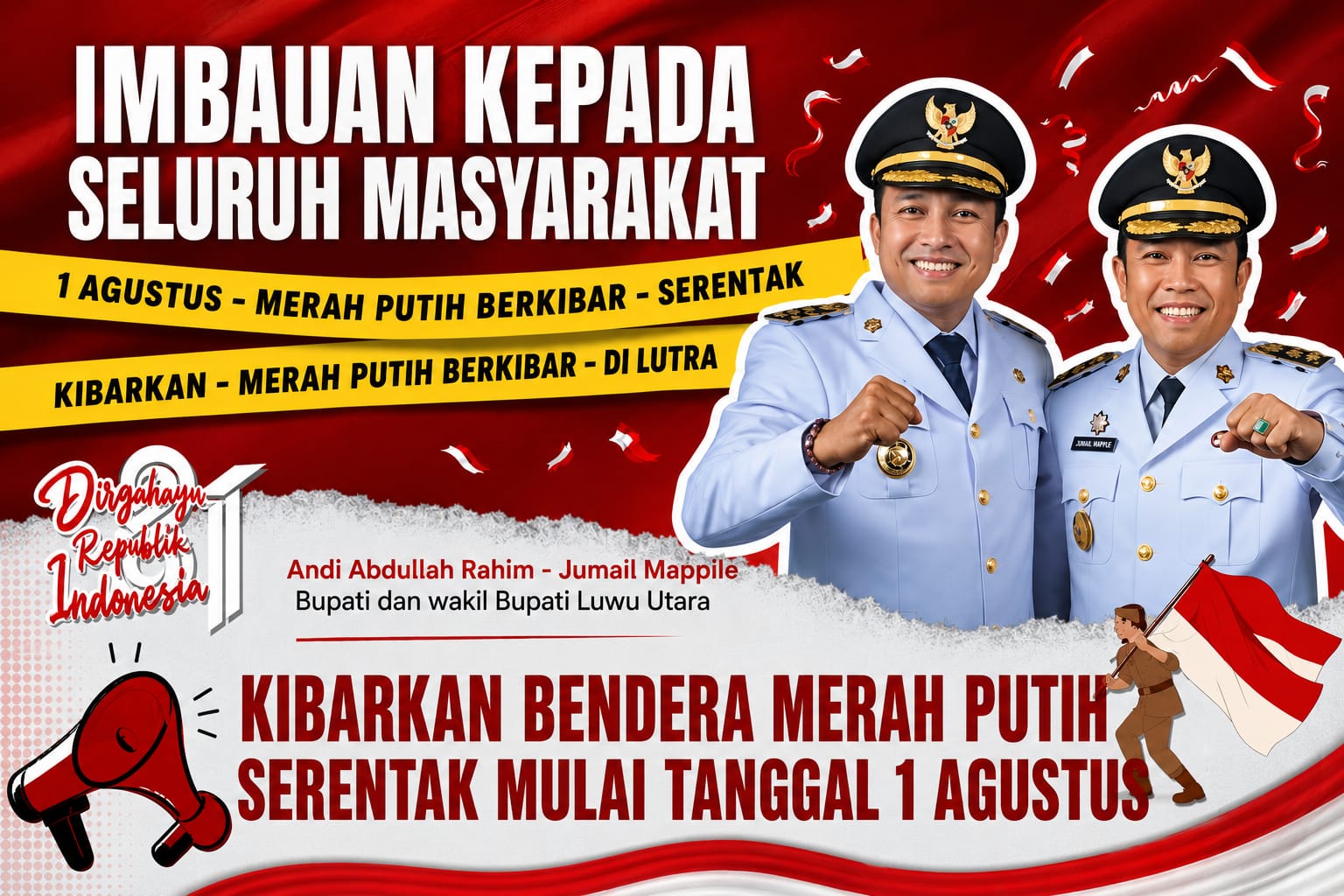 Sambut HUT ke-81 RI, Bupati Luwu Utara Imbau Warga Pasang Bendera Merah Putih Serentak Mulai 1 Agustus