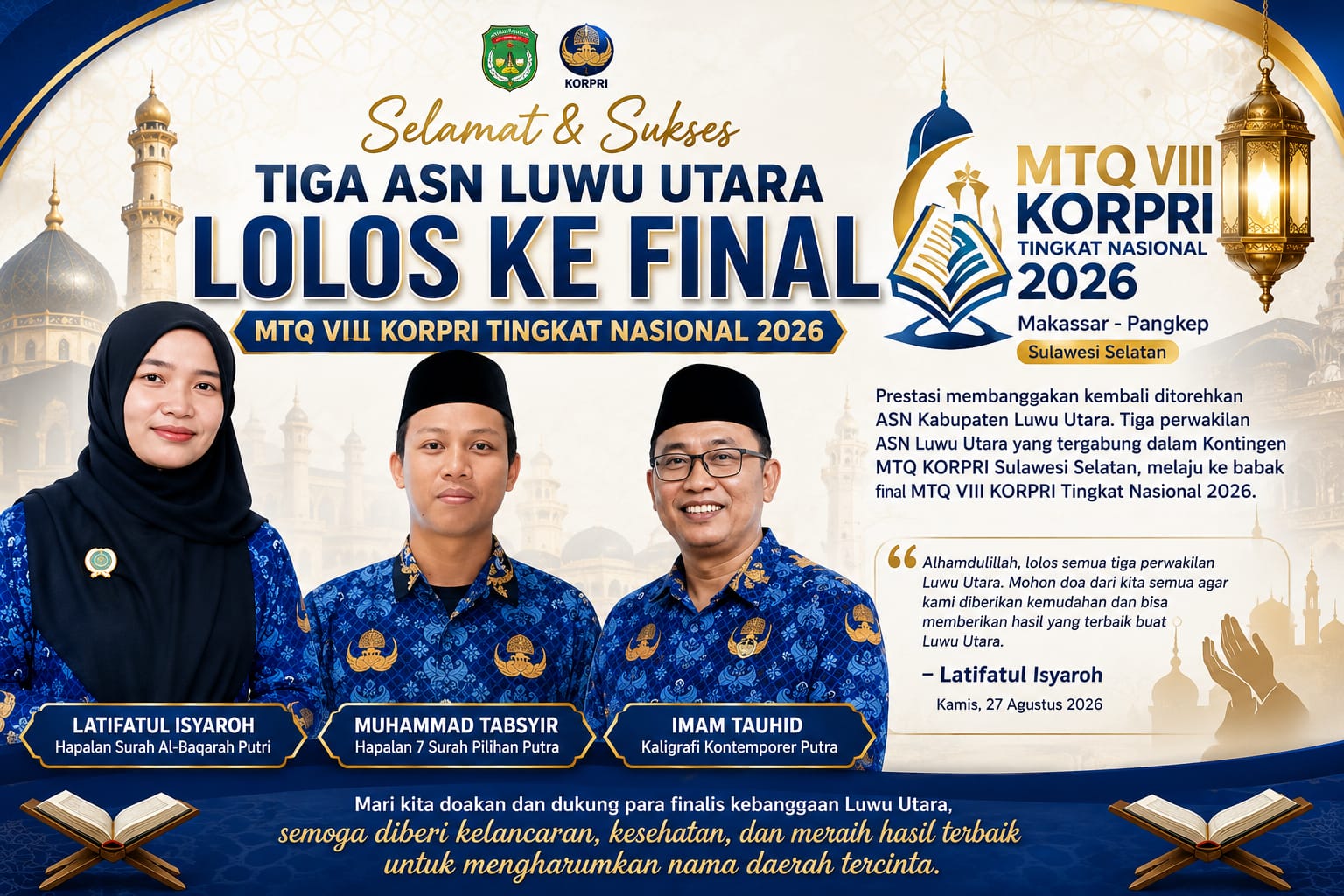 Tiga ASN Luwu Utara Lolos ke Final MTQ VIII KORPRI Tingkat Nasional 2026, Latifatul Isyaroh: Mohon Doa dan Dukungannya