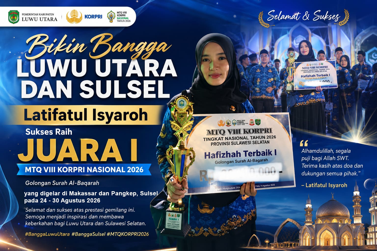 Bikin Bangga Luwu Utara dan Sulsel, Latifatul Isyaroh Sukses Raih Juara I MTQ VIII KORPRI Nasional 2026