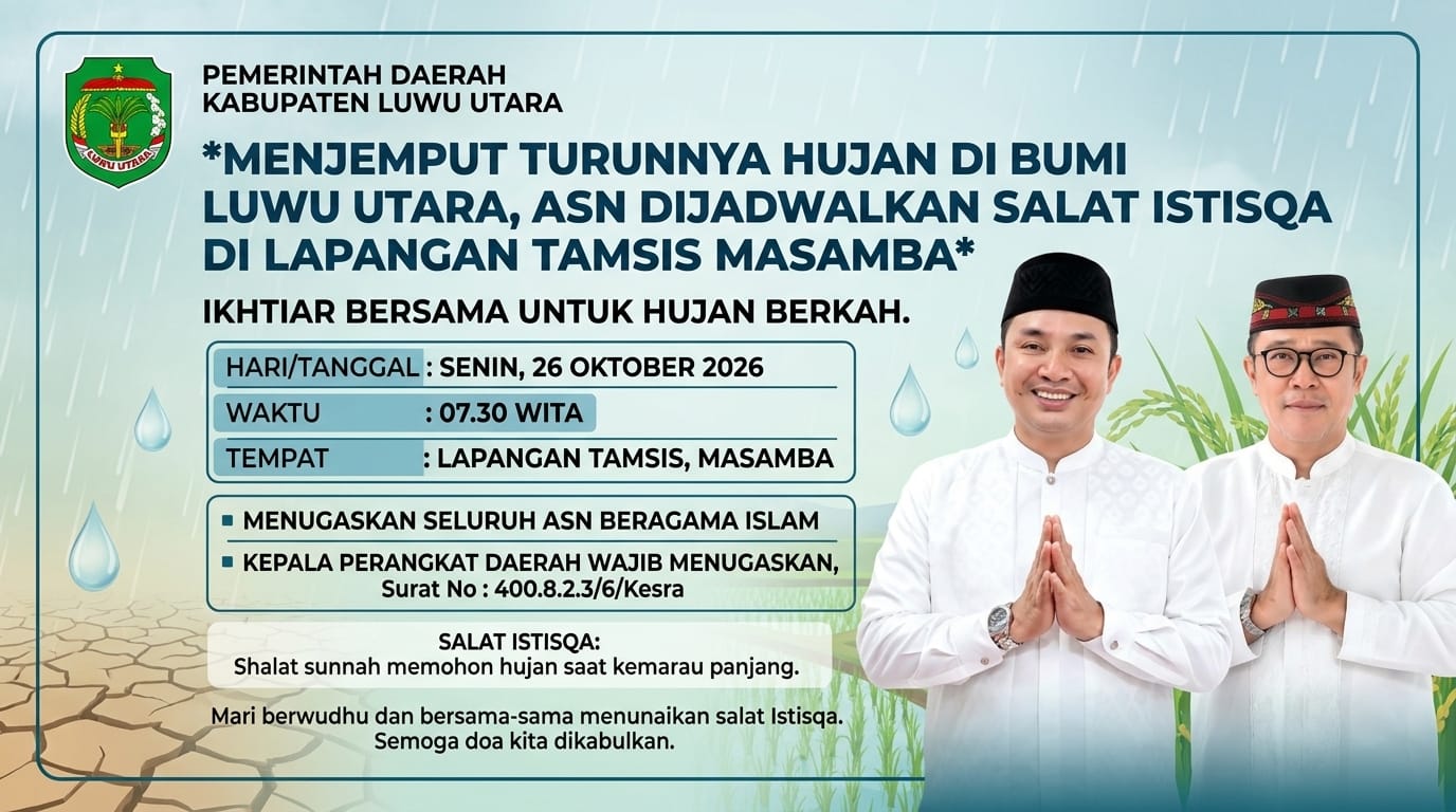 Menjemput Turunnya Hujan di Bumi Luwu Utara, ASN Dijadwalkan Salat Istisqa di Lapangan Tamsis Masamba
